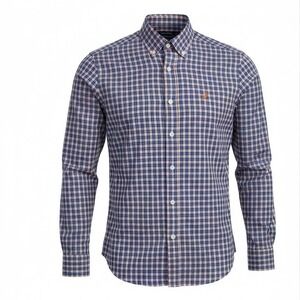 Nautica Mens Large Stretch Gingham Button Down Shirt Navy Orange Long Sleeve L